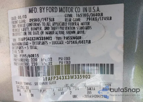 2003 Ford Focus Se Comfort/Se Sport z USA, uszkodzony, nr VIN 1FAFP343X3W335902